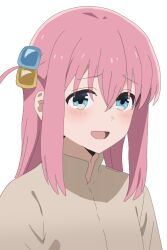 Rule 34 | 1girl, ai-assisted, blue eyes, blush, bocchi the rock!, crossed bangs, cube hair ornament, gotoh hitori, hair between eyes, hair ornament, highres, long hair, long sleeves, looking at viewer, non-web source, open mouth, pink hair, self-upload, side ahoge, simple background, smile, solo, upper body, white background