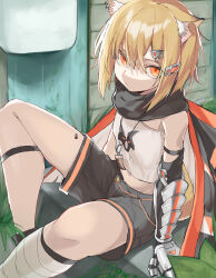 Rule 34 | 1girl, animal ears, arknights, bandaged leg, bandages, bare shoulders, black gloves, blonde hair, elbow gloves, gauntlets, gloves, hair ornament, hairclip, highres, jewelry, looking at viewer, material growth, midriff, necklace, orange eyes, oripathy lesion (arknights), scarf, short hair, shorts, signal 1120, sitting, solo, vermeil (arknights)