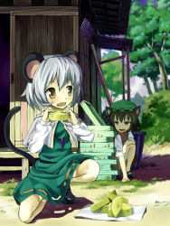 Rule 34 | 2girls, animal ears, bad id, bad pixiv id, brown hair, cat ears, cat girl, cat tail, cheese, chen, fang, female focus, food, grey hair, hat, hidebo, jewelry, mouse ears, mouse tail, multiple girls, nazrin, pendant, short hair, tail, touhou, yellow eyes, you gonna get raped