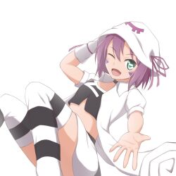 Rule 34 | 1girl, black choker, choker, facial mark, fang, female focus, fusel9123, green eyes, hat, medium hair, merry nightmare, one eye closed, open mouth, purple hair, short sleeves, simple background, solo, striped clothes, striped thighhighs, thighhighs, white background, yumekui merry