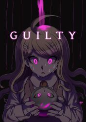 Rule 34 | 1girl, ahoge, akamatsu kaede, black background, blonde hair, blood, breasts, collared shirt, commentary request, danganronpa (series), danganronpa v3: killing harmony, dated, fortissimo, hair ornament, highres, inglebard, large breasts, long hair, long sleeves, musical note, musical note hair ornament, pink blood, pink eyes, pink vest, reflection, shirt, signature, spoilers, sweat, triangle mouth, vest, white shirt