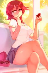 Rule 34 | 1girl, :t, absurdres, box, candy, chocolate, chocolate heart, commentary, crossed legs, day, eating, eba rin, english commentary, food, green eyes, hand to own mouth, heart, heart-shaped box, highres, kimi no iru machi, looking at viewer, medium hair, outdoors, red hair, rtil, shirt, short sleeves, sitting, skirt, smile, solo, sweets, thighs, white shirt