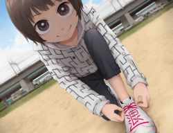 Rule 34 | 1girl, brown eyes, brown hair, commentary, day, dutch angle, hood, hoodie, looking at viewer, on one knee, original, outdoors, pun, shoelaces, shoes, short hair, smile, solo, tying shoes, yajirushi (chanoma)