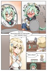 Rule 34 | 2girls, animal ear fluff, animal ears, bare shoulders, beret, blonde hair, blush, breasts, cat ears, dress, dulldull, embarrassed, english text, fake animal ears, flower, genshin impact, glasses, green hair, hair flower, hair ornament, hat, highres, knocking, left-to-right manga, lumine (genshin impact), mirror, motion lines, multicolored hair, multiple girls, nose blush, o o, open mouth, orange eyes, reflection, round eyewear, semi-rimless eyewear, small breasts, speech bubble, surprised, streaked hair, sucrose (genshin impact), surprised, under-rim eyewear, under table, wavy mouth, white dress, yellow eyes