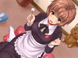 Rule 34 | 1girl, apron, black bow, black dress, bow, brown eyes, brown hair, dress, from above, hand up, healing salon ciel, highres, holding, indoors, looking at viewer, maid apron, mimikaki, no shoes, official art, sengoku aky, short hair, sitting, solo, stuffed toy, tissue box, wariza, white legwear