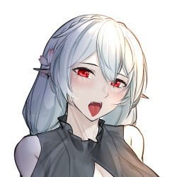 Rule 34 | 1girl, arknights, bare shoulders, braid, clothing cutout, commentary, crown braid, fangs, flower, hair between eyes, hair flower, hair ornament, head tilt, highres, irkawaza, long hair, looking at viewer, open mouth, pointy ears, portrait, red eyes, shoulder cutout, silver hair, simple background, solo, tongue, tongue out, upper body, warfarin (arknights), warfarin (casual vacation) (arknights), white background