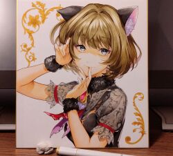 1girl animal_ear_fluff animal_ears blue_eyes brown_hair cat_ears green_eyes heterochromia highres hikonyaaa idolmaster idolmaster_cinderella_girls looking_at_viewer marker_(medium) medium_hair mole mole_under_eye see-through_clothes see-through_sleeves short_hair smile solo takagaki_kaede traditional_media upper_body