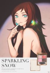 Rule 34 | 1girl, aqua eyes, bright pupils, brown hair, character name, copyright name, deg (deguana), earrings, english text, hand up, highres, idolmaster, idolmaster cinderella girls, imura setsuna, index finger raised, jewelry, long hair, parted lips, shadow, solo, upper body, white pupils