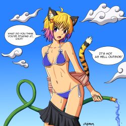 Rule 34 | 1girl, ajamnova, anger vein, angry, animal ear fluff, animal ears, artist name, bad id, bad pixiv id, bikini, blonde hair, blue bikini, blue sky, breasts, byoubu tetora, clothes pull, cloud, english text, fang, highres, hose, looking at viewer, multicolored hair, navel, open mouth, otomimi infinity, outdoors, pink hair, purple eyes, short hair, skirt, skirt pull, sky, solo, sweat, swimsuit, tail, tiger ears, tiger girl, tiger tail, water