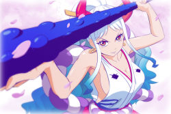 Rule 34 | 1girl, arms up, bare arms, blue hair, breasts, cleavage, closed mouth, club, club (weapon), collarbone, curled horns, earrings, facing viewer, falling petals, fuchi (nightmare), gradient hair, green hair, hair ornament, hair stick, hakama, hands up, happy, high ponytail, holding, holding club, holding weapon, hoop earrings, horns, japanese clothes, jewelry, kanabou, kimono, large breasts, long hair, looking at viewer, multicolored hair, no bra, one piece, orange eyes, petals, ponytail, red eyes, red hakama, red horns, rope, rope belt, sideboob, sleeveless, sleeveless kimono, smile, solo, spiked club, upper body, weapon, white hair, yamato (one piece)