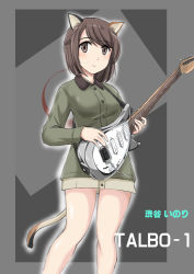 Rule 34 | 1girl, animal ears, blush, braid, brown hair, brown jacket, cat ears, cat tail, character name, closed mouth, commentary request, electric guitar, guitar, holding, holding instrument, instrument, jacket, legs, light blush, long sleeves, looking at viewer, luminous witches, military, military uniform, no pants, outline, shibuya inori, short hair, smile, solo, standing, swept bangs, tail, uniform, wan&#039;yan aguda, white outline, world witches series