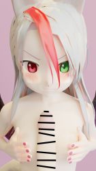 Rule 34 | 3d, angry, animal ears, blush, breast hold, breasts, embarrassed, flat chest, fox ears, fox girl, heterochromia, highres, naizuri, nipples, original, paizuri, pout, self-upload, sigmathefox, small breasts, wings