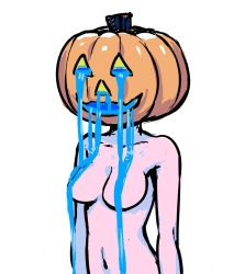 Rule 34 | 1girl, akairiot, blue hair, breasts, collarbone, colored skin, commentary, completely nude, convenient censoring, female focus, halloween, highres, jack-o&#039;-lantern, jack-o&#039;-lantern head, kelda (akairiot), large breasts, mask, navel, nude, original, pink skin, pumpkin, simple background, solo, standing, upper body, water, water censor, white background