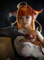 Rule 34 | 1girl, absurdres, ahoge, black background, bow, braid, breasts, brooch, chromatic aberration, cleavage, cleavage cutout, clothing cutout, diathorn, dragon horns, eyelashes, female focus, fingernails, hairband, hand on own neck, highres, hololive, horn bow, horn ornament, horns, jewelry, kiryu coco, kiryu coco (1st costume), large breasts, light smile, lips, long fingernails, long hair, looking away, looking to the side, makeup, mascara, multicolored hair, nail polish, nose, orange hair, pointy ears, realistic, red eyes, red nails, sidelighting, single braid, sitting, slit pupils, solo, streaked hair, upper body, virtual youtuber