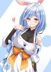 Rule 34 | 1girl, absurdres, animal ear fluff, animal ears, bare shoulders, black sleeves, blue background, blue hair, blush, bow, breasts, cleavage, closed mouth, commentary request, detached sleeves, dress, hand up, heart, highres, hololive, large breasts, long sleeves, looking at viewer, mature female, miyuki rei, orange bow, pekomama, rabbit ears, red eyes, see-through, see-through cleavage, short eyebrows, smile, solo, thick eyebrows, two-tone background, virtual youtuber, white background, white dress