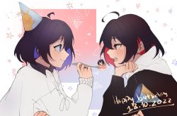 Rule 34 | 2girls, ahoge, black hair, black shirt, black sweater, blush, closed mouth, collared shirt, commentary, dated, english commentary, eye contact, feeding, food, fork, from side, happy birthday, hat, unworn hat, unworn headwear, highres, holding, holding fork, homu (honkai impact), honkai (series), honkai impact 3rd, hood, hood down, hoodie, jewelry, long sleeves, looking at another, multicolored hair, multiple girls, open mouth, party hat, puffy long sleeves, puffy sleeves, purple eyes, purple hair, red eyes, red hair, ring, seele (alter ego), seele vollerei, shirt, sleeves past wrists, smel (smel 315), smile, sweater, two-tone hair, white hoodie, white sweater