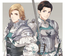 Rule 34 | 2boys, armor, blonde hair, blue eyes, border, brown eyes, brown hair, chainmail, dated, dion lesage, earrings, final fantasy, final fantasy xvi, frilled shirt, frills, grey background, holding, holding polearm, holding weapon, jewelry, knight, looking at viewer, male focus, medium hair, multiple boys, ohse, parted bangs, parted lips, plate armor, polearm, shirt, short hair, shoulder armor, single earring, smile, swept bangs, sword, terrence (ff16), twitter username, upper body, weapon, white border, white shirt