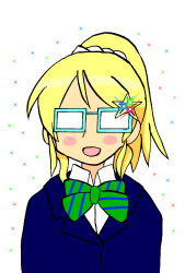 Rule 34 | 1girl, artist request, ayase eli, blonde hair, blue eyes, blush, bow, bowtie, buttons, collared shirt, earrings, female focus, glasses, hair bow, highres, jewelry, loafers, long hair, looking at viewer, love live!, love live! school idol project, neckwear request, otonokizaka school uniform, ponytail, school uniform, scrunchie, shirt, shoes, short hair, short sleeves, smile, solo, striped, striped bow, sweater vest, vest, white background, white scrunchie