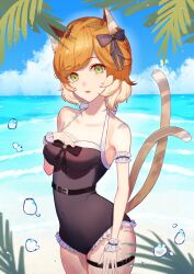 Rule 34 | animal ear fluff, animal ears, aoi tooru, arknights, bare shoulders, black bow, black one-piece swimsuit, blue sky, bow, breasts, cat ears, cat girl, cat tail, cloud, commentary request, day, fang, frilled one-piece swimsuit, frills, green eyes, hair bow, hand up, highres, horizon, looking at viewer, medium breasts, mousse (arknights), multicolored hair, multiple tails, ocean, one-piece swimsuit, orange hair, outdoors, palm tree, parted bangs, parted lips, sky, standing, swimsuit, tail, tree, two-tone hair, two tails, water, water drop, white hair, wrist cuffs