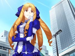 Rule 34 | 00s, 1girl, blonde hair, blue dress, blue sky, building, capcom, city, day, dress, drill hair, fate/stay night, fate/unlimited codes, fate (series), game cg, hand on elbow, hand on face , hand on own elbow, hand on own face, higurashi ryuuji, long hair, luviagelita edelfelt, outdoors, road, sky, solo, standing, street, streetlights, takeuchi takashi, type-moon