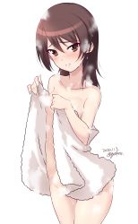 Rule 34 | 1girl, artist name, blush, breasts, brown eyes, brown hair, collarbone, dated, girls und panzer, groin, highres, kawanishi shinobu, kuzuryuu kennosuke, looking at viewer, naked towel, open mouth, simple background, small breasts, smile, solo, standing, steam, towel, wet, white background