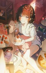 Rule 34 | 1girl, barefoot, blue eyes, blush, brown hair, cake, cake slice, can, collarbone, controller, food, fork, hand up, highres, holding, holding food, holding fork, indoors, looking at viewer, original, panties, plate, remote control, shirt, short hair, short shorts, short sleeves, shorts, sitting, smile, solo, sunlight, t-shirt, table, tokkyu, underwear, white shirt