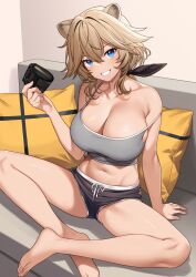 Rule 34 | 1girl, animal ears, arm support, bare arms, bare legs, bare shoulders, barefoot, black shorts, blonde hair, blue eyes, breasts, camisole, cleavage, collarbone, controller, couch, crop top, dolphin shorts, drawstring, game controller, grey shirt, grin, hand up, highres, holding, indian style, large breasts, lion ears, long hair, looking at viewer, low ponytail, midriff, navel, on couch, original, pillow, shirt, short shorts, shorts, sitting, skindentation, sleeveless, sleeveless shirt, smile, solo, spaghetti strap, stomach, strap slip, takunomi, thighs