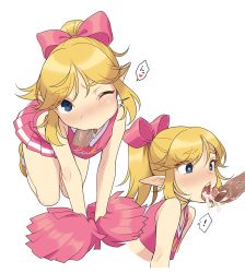 Rule 34 | 1boy, all fours, alternate costume, blonde hair, bow, cheek bulge, cheerleader, cheerleader link, crossdressing, cum, cum in mouth, disembodied penis, fellatio, hair bow, has bad revision, has censored revision, heart, heart-shaped pupils, holding, holding pom poms, link, male focus, meimone, midriff, nintendo, official alternate costume, oral, penis, pointy ears, pom pom (cheerleading), pom poms, simple background, skirt, solo focus, symbol-shaped pupils, the legend of zelda, the legend of zelda: tri force heroes, trap, uncensored, white background, yaoi