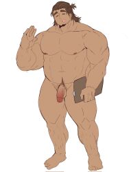 Rule 34 | 1boy, = =, abs, bara, brown hair, completely nude, dark-skinned male, dark skin, facial hair, flaccid, full body, goatee, hand up, happy aura, highres, holding, holding notebook, large pectorals, leg hair, leoandaslan (leobongnana), male focus, male pubic hair, mature male, medium hair, muscular, muscular male, navel, navel hair, nipples, notebook, nude, original, pectorals, penis, ponytail, pubic hair, sideburns, solo, standing, stomach, thick eyebrows, thick thighs, thighs, uncensored, waving