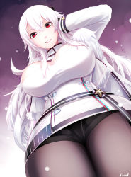 Rule 34 | 1girl, azur lane, black pantyhose, black shorts, breasts, gangut (azur lane), gzsd, hand on own head, highres, large breasts, long hair, looking at viewer, mole, mole under eye, open mouth, pantyhose, red eyes, shorts, smile, solo, white hair