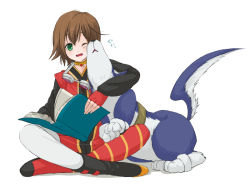 Rule 34 | 00s, 1girl, asymmetrical clothes, asymmetrical footwear, bad id, bad pixiv id, book, brown hair, choker, dog, gloves, goggles, green eyes, mismatched footwear, one eye closed, repede (tales), rita mordio, short hair, tales of (series), tales of vesperia, thighhighs, white background, wince, wink, yasuu!