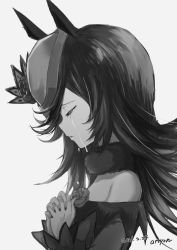 Rule 34 | 1girl, absurdres, animal ears, attyon, breasts, crying, dated, dress, closed eyes, female focus, flower, fur collar, greyscale, hat, hat flower, highres, horse ears, horse girl, long hair, monochrome, off-shoulder dress, off shoulder, own hands together, parted lips, profile, rice shower (umamusume), rose, signature, simple background, solo, tears, tilted headwear, umamusume, upper body