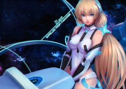 Rule 34 | 1girl, angela balzac, bare shoulders, blonde hair, blue eyes, bodysuit, breasts, copyright name, covered navel, elbow gloves, gloves, headgear, impossible clothes, impossible leotard, large breasts, leotard, light smile, lips, long hair, rakuen tsuihou, solo, space, star (sky), twintails, very long hair, whitem (whiteemperor2020)