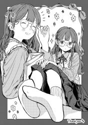 Rule 34 | 1girl, ^ ^, adjusting eyewear, book, border, braid, center-flap bangs, closed eyes, closed mouth, commission, dot mouth, emphasis lines, feet, flower, foot focus, foreshortening, glasses, greyscale, highres, holding, holding book, inushima (k z i t ), knees up, looking at viewer, low twin braids, monochrome, multiple views, no shoes, original, presenting foot, sitting, skeb commission, socks, soles, sparkle, tareme, twin braids, white socks