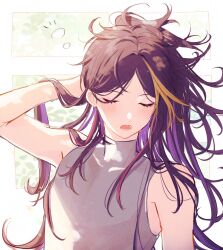 Rule 34 | 1boy, absurdres, arm up, bare shoulders, black hair, blonde hair, blush, closed eyes, commentary, covered collarbone, english commentary, eyelashes, green background, highres, long hair, male focus, messy hair, mochigome (yum), multicolored hair, nijisanji, nijisanji en, open mouth, parted bangs, pink hair, ponytail, purple hair, shirt, shu yamino, sidelocks, simple background, sleepy, sleeveless, sleeveless shirt, solo, squeans, streaked hair, teeth, turtleneck, upper body, virtual youtuber, white background, white shirt, yawning