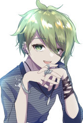 Rule 34 | 1boy, :d, amami rantaro, antenna hair, bracelet, danganronpa (series), danganronpa v3: killing harmony, ear piercing, green eyes, green hair, grey background, hair between eyes, highres, jewelry, long sleeves, mutsuki (yowa otsumu), necklace, open mouth, own hands together, pale skin, piercing, ring, shirt, short hair, simple background, smile, solo, striped clothes, striped shirt, teeth, tongue, upper body, upper teeth only