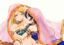 Rule 34 | 2girls, arabian clothes, armlet, ayase eli, blonde hair, blue dress, blue eyes, blue hair, commentary request, dress, hair between eyes, hug, jewelry, long hair, looking at viewer, love live!, love live! school idol festival, love live! school idol project, midriff, multiple girls, navel, see-through, signature, simple background, sonoda umi, suito, upper body, veil, white background, yellow eyes, yuri