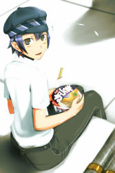 Rule 34 | 1girl, androgynous, atlus, blue eyes, blue hair, cabbie hat, chopsticks, cup ramen, em (totsuzen no hakike), female focus, food, from above, from behind, hat, looking back, persona, persona 4, reverse trap, shadow, shirogane naoto, short hair, solo