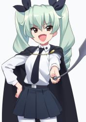 Rule 34 | 1girl, :d, anchovy (girls und panzer), anzio school uniform, belt, black belt, black cape, black necktie, black ribbon, black skirt, brown eyes, cape, commentary, cowboy shot, dress shirt, drill hair, fang, foreshortening, girls und panzer, green hair, hair ribbon, hand on own hip, holding, holding riding crop, kamo kamen, long hair, long sleeves, looking at viewer, miniskirt, necktie, open mouth, pantyhose, pleated skirt, ribbon, riding crop, school uniform, shirt, simple background, skirt, smile, smirk, solo, standing, twin drills, twintails, white background, white pantyhose, white shirt