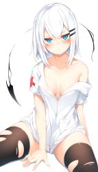Rule 34 | 1girl, between legs, black thighhighs, blue eyes, blush, breasts, cleavage, closed mouth, collarbone, cross, hair ornament, hairclip, hand between legs, looking at viewer, medium breasts, no bra, nurse, off shoulder, open clothes, original, otokuyou, red cross, ringo-chan (otokuyou), short hair, short sleeves, silver hair, simple background, single bare shoulder, sitting, solo, thighhighs, torn clothes, torn thighhighs