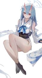Rule 34 | 1girl, absurdres, bare shoulders, black socks, blue archive, blue bow, blue hair, blue halo, bow, breasts, chise (blue archive), collarbone, detached sleeves, feet, full body, halo, highres, horns, japanese clothes, kimono, long hair, looking at viewer, obi, oni, oni horns, parted lips, red eyes, red horns, sash, simple background, small breasts, socks, solo, tabi, thighs, white background, white kimono, white sleeves, zombie ke