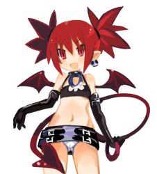 Rule 34 | 1girl, choker, crablettes, demon tail, disgaea, elbow gloves, etna (disgaea), fang, female focus, gloves, navel, open mouth, panties, pointy ears, red eyes, red hair, simple background, smile, solo, tail, twintails, underwear, wings