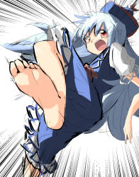 Rule 34 | &gt;:o, 1girl, :o, angry, blue dress, blue hair, cowboy shot, dress, emphasis lines, feet, foot focus, foreshortening, hair between eyes, hat, highres, incoming attack, kamishirasawa keine, long hair, looking at viewer, multicolored hair, neckerchief, open mouth, red eyes, short sleeves, silver hair, simple background, sketch, soles, solo, toes, touhou, tsurime, two-tone hair, usagi (touhopu2), v-shaped eyebrows, white background