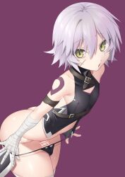 Rule 34 | 1boy, absurdres, arm belt, armor, ass, bandages, black panties, butt crack, fate/grand order, fate (series), fingerless, genderswap, genderswap (ftm), gloves, grey hair, highres, jack the ripper (fate/apocrypha), nipples, omiyacha, panties, penis, penis out, purple background, scar, scar on face, short hair, solo, tattoo, thong, trap, underwear, undressing, wide hips, yellow eyes