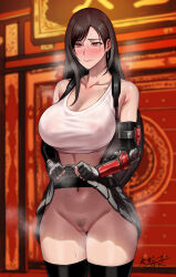 Rule 34 | 1girl, absurdres, bare shoulders, black hair, black skirt, black thighhighs, breasts, cleft of venus, clothes lift, dangle earrings, earrings, elbow gloves, elbow pads, female pubic hair, final fantasy, final fantasy vii, final fantasy vii remake, fingerless gloves, gloves, highres, jewelry, large breasts, lifted by self, long hair, low-tied long hair, miniskirt, navel, no panties, pubic hair, red eyes, sgk, skirt, skirt lift, solo, standing, steam, steaming body, suspender skirt, suspenders, sweat, tank top, textless version, thighhighs, tifa lockhart, very long hair, white tank top