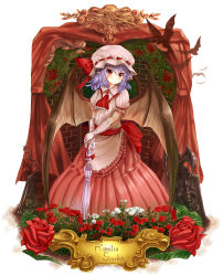 Rule 34 | 1girl, aldehyde, bad id, bad pixiv id, bat wings, elbow gloves, female focus, flower, gloves, hat, highres, leaf, pointy ears, purple hair, red eyes, red flower, red rose, remilia scarlet, rose, short hair, solo, touhou, umbrella, white flower, white rose, wings