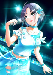 Rule 34 | 1girl, absurdres, ahoge, asakura toru, black eyes, blue hair, blue nails, bracelet, brown hair, commentary request, concert, dutch angle, earrings, glowstick, gradient hair, hair ornament, hair ribbon, hairclip, highres, holding, holding microphone, idol, idolmaster, idolmaster shiny colors, jewelry, microphone, midriff, multicolored hair, nail polish, navel, pottya, ribbon, short hair, solo, stage, stage lights