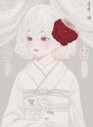 Rule 34 | 1girl, albino, bob cut, bride, colored eyelashes, commentary request, curtains, eyelashes, facing viewer, floral print, flower, hair between eyes, hair flower, hair ornament, highres, japanese clothes, kimono, lace trim, limited palette, long sleeves, looking to the side, obi, obiage, obijime, original, pale skin, parted lips, print sash, red eyes, red flower, sash, seal impression, shiromuku, short hair, signature, solo, spot color, standing, tassel, uchikake, upper body, ushiyama ame, wavy hair, white curtains, white flower, white hair, white kimono, white sash, white theme