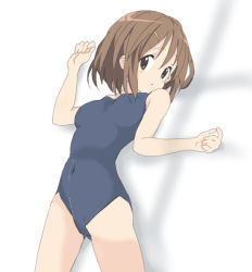 Rule 34 | 00s, 1girl, bad id, bad pixiv id, blue one-piece swimsuit, blush, breasts, brown eyes, brown hair, core (mayomayo), hair ornament, hairclip, hirasawa yui, k-on!, looking at viewer, lying, one-piece swimsuit, open mouth, school swimsuit, short hair, small breasts, solo, swimsuit, white background