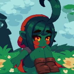 Rule 34 | 1girl, ahoge, boots, cape, colored sclera, food, fruit, green shorts, holding, holding food, huge ahoge, minimilieu, monster girl, o3o, original, outdoors, pixel art, plant girl, pointy ears, red cape, red eyes, shorts, sitting, sleeves rolled up, solo, strawberry, thick eyebrows, water, wren (minimilleu), yellow sclera